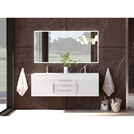 Castello Usa Amazon 60" Wall Mounted White Vanity With White Top And Brushed Nickel Handles CB-MC-60W-BN-2056-WH